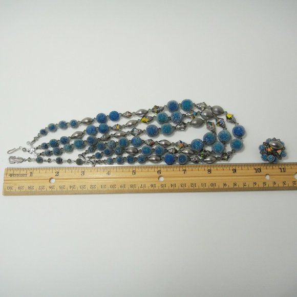 Vintage Fabiola Necklace Earrings Blue Sugar Frosted Beads AB Silver Tone - Picture 7 of 11